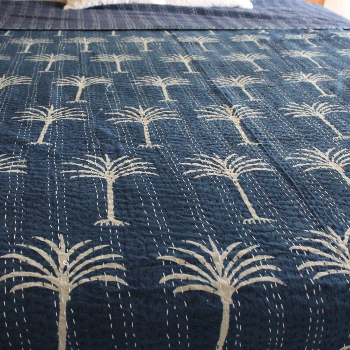 Palm tree Kantha quilt Indigo