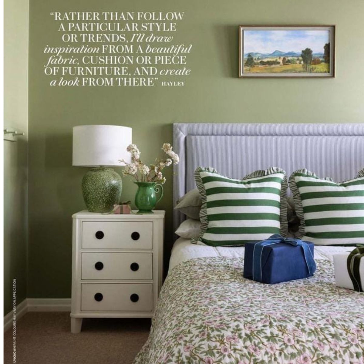 House beautiful Magazine feature of Decor Mantra's Pink green Indian floral boota and jaal pattern hand block printed on reversible cotton quilt