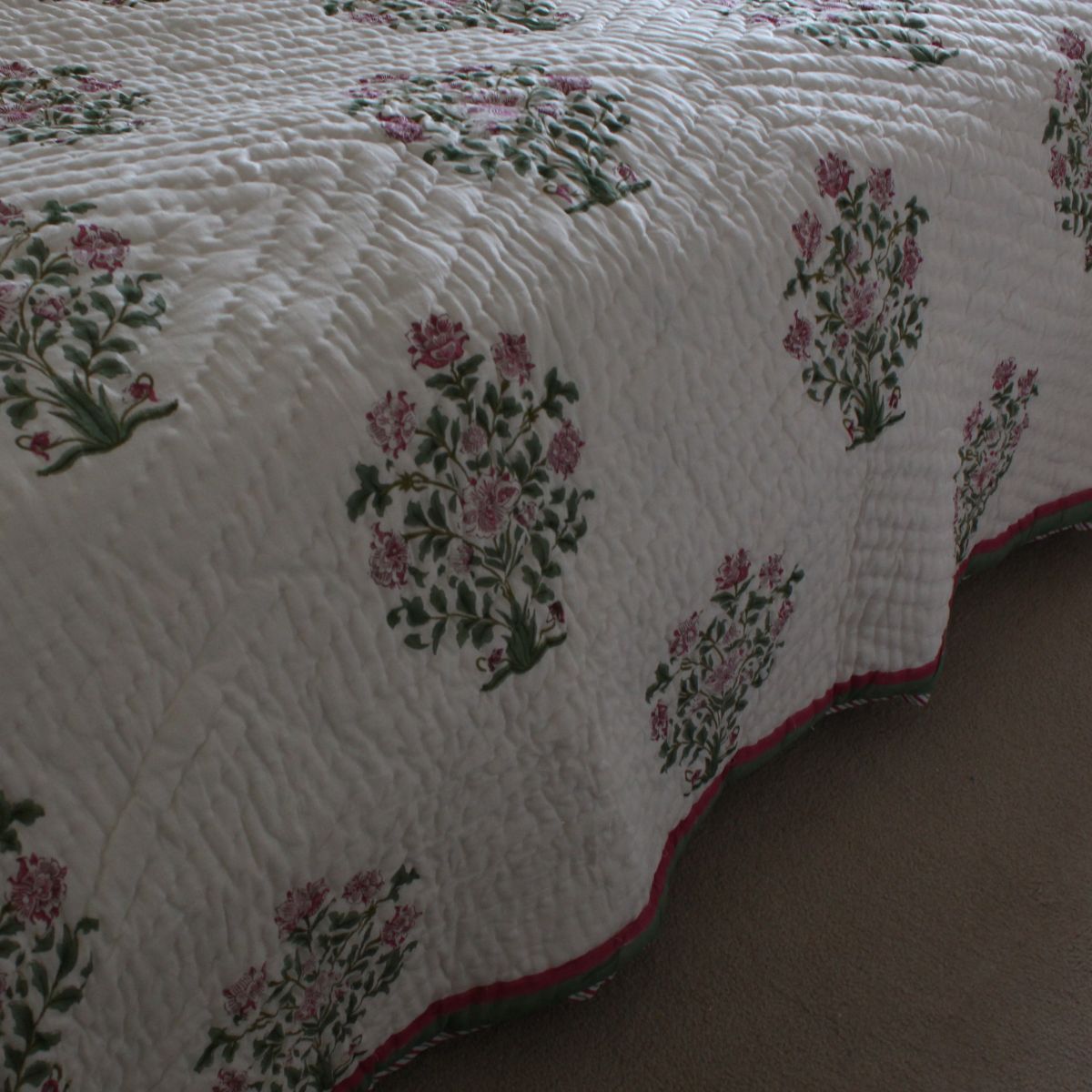 Pink Blooms pink and green reversible cotton quilt- King and Queen
