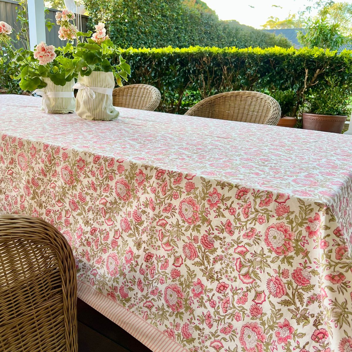 Large rectangular cotton tablecloth featuring hand block printed Pink and green floral country style pattern