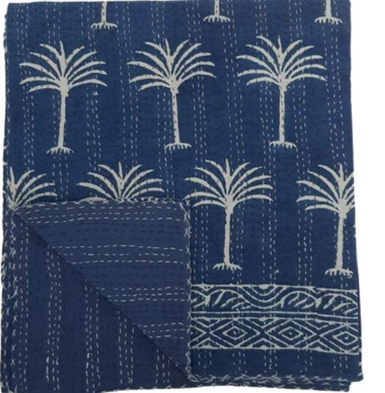 Palm tree Kantha quilt Indigo