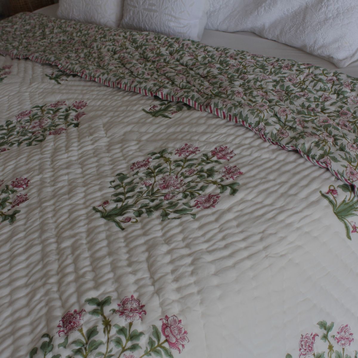 Pink Blooms pink and green reversible cotton quilt- King and Queen