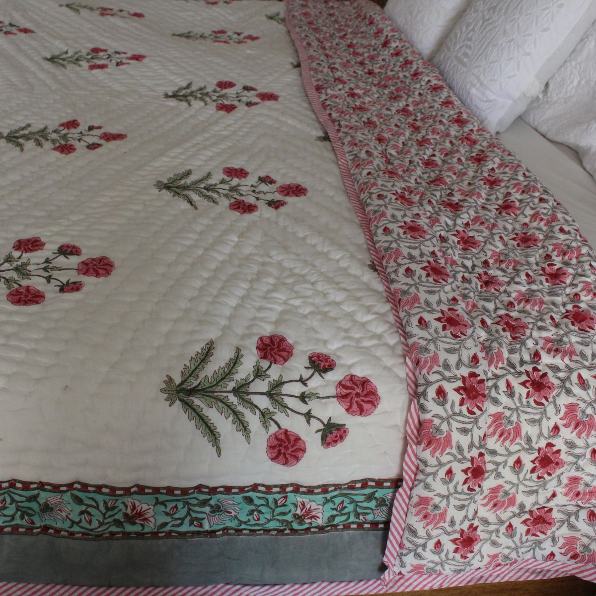 Bella pink and grey reversible cotton quilt- King and Queen