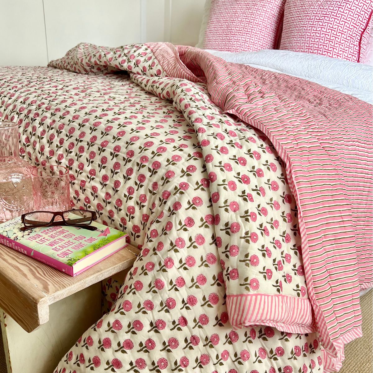 Serenity Pink reversible cotton quilt- King and Queen