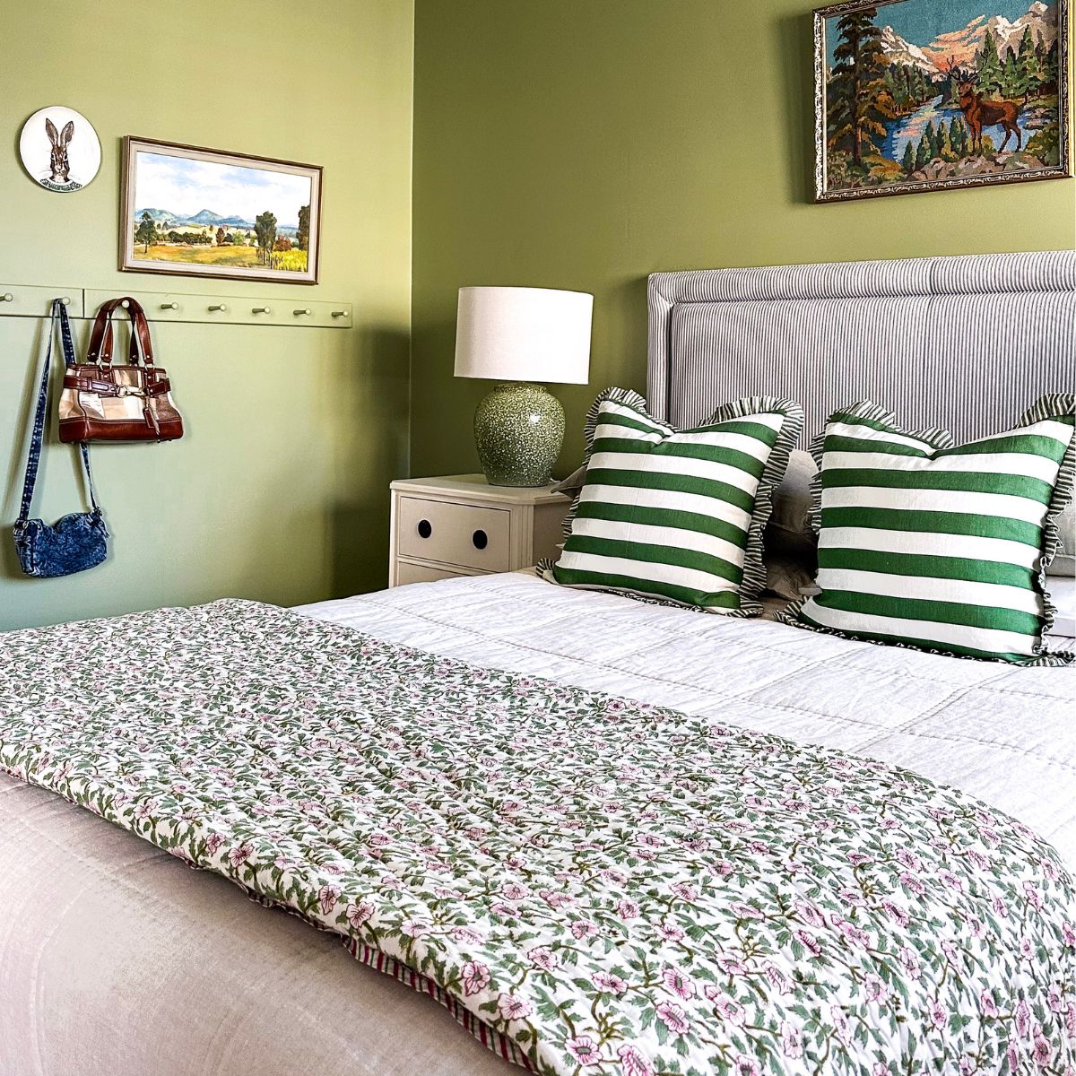 Pink Blooms pink and green reversible cotton quilt- King and Queen