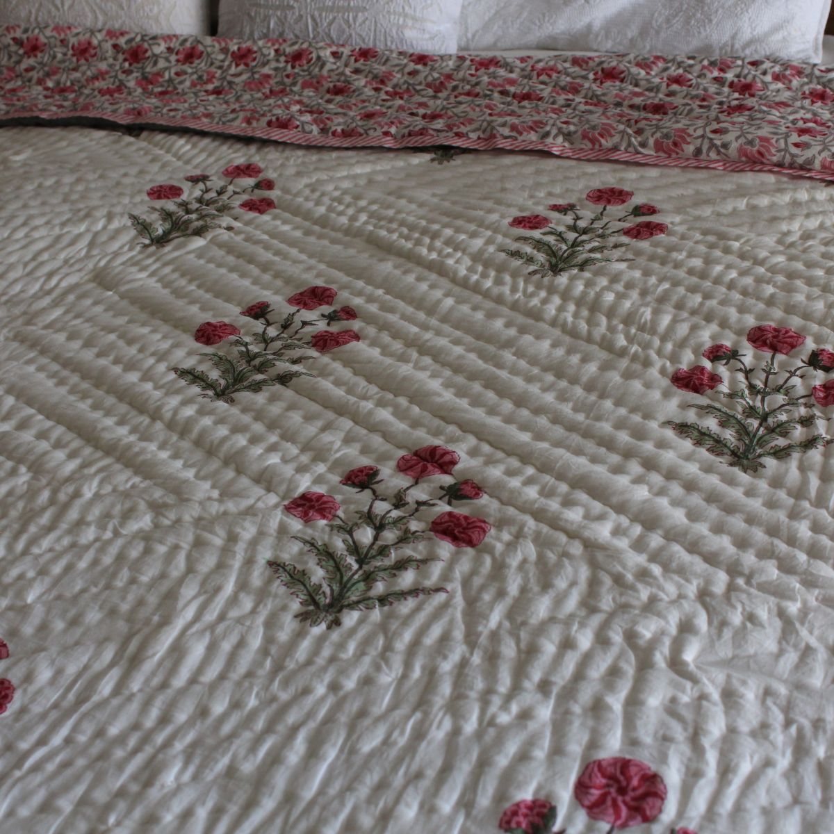 Bella pink and grey reversible cotton quilt- King and Queen