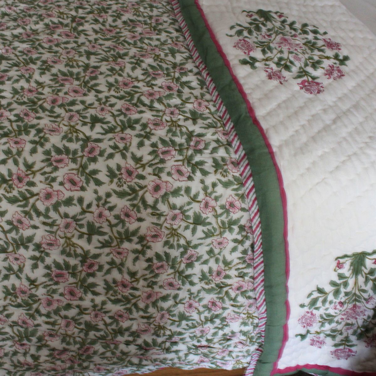 Pink Blooms pink and green reversible cotton quilt- King and Queen