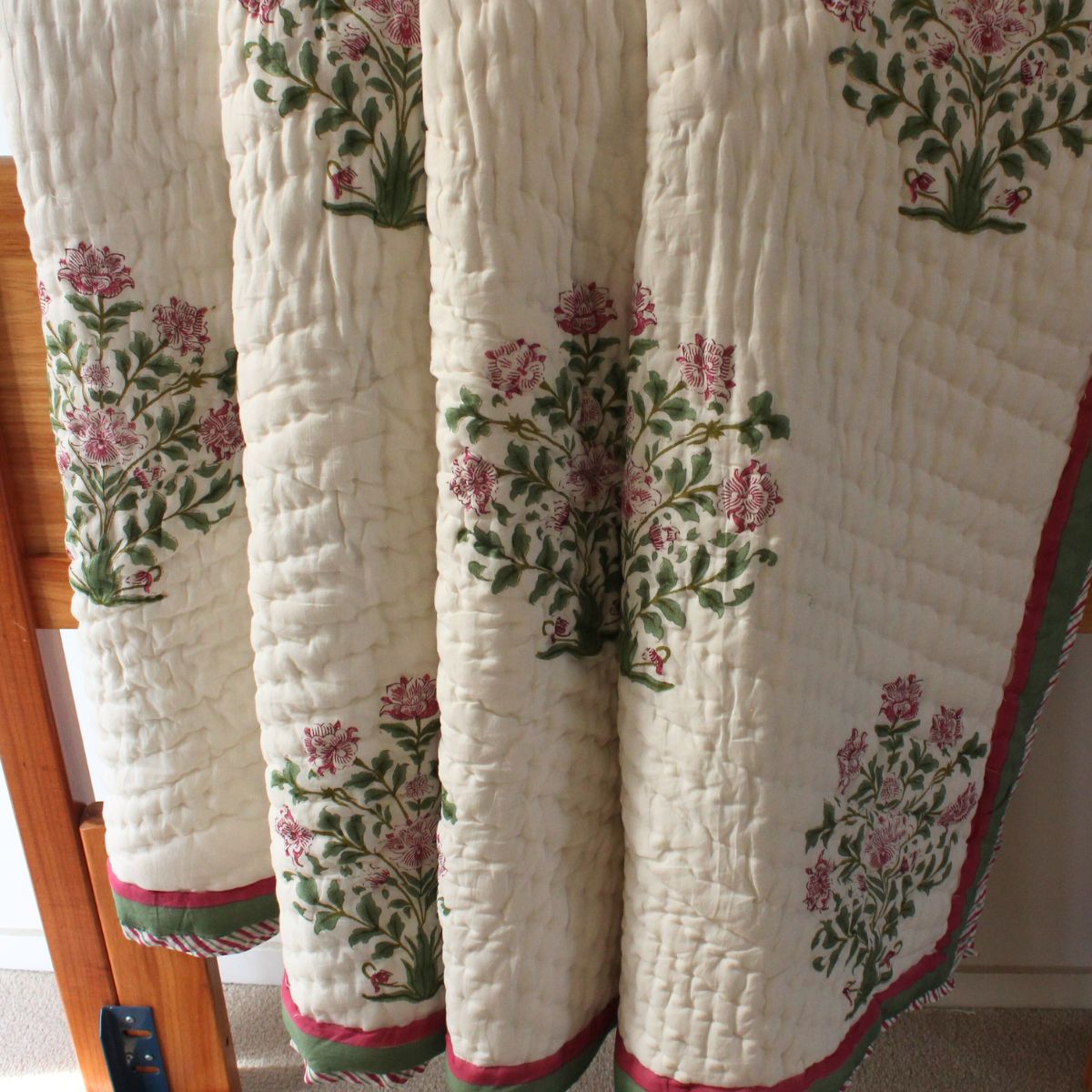 Pink Blooms pink and green reversible cotton quilt- King and Queen