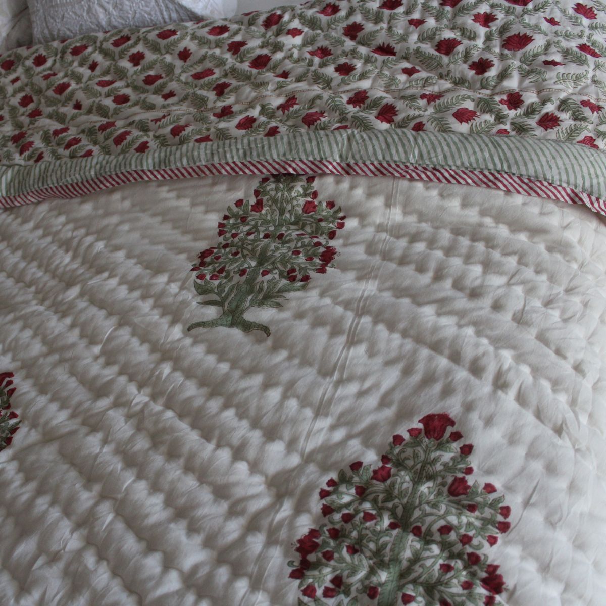 Ruby red and green reversible cotton quilt- King and Queen