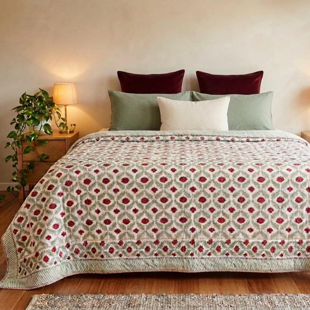 A patterned quilted blanket with a red and beige geometric floral design is styled on a bed in a warm, cozy bedroom setting. The bed is decorated with green, white, and burgundy pillows, flanked by a wooden nightstand with a lit lamp and a potted plant.