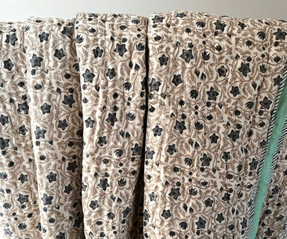 Stella blue and green reversible cotton quilt- King and Queen