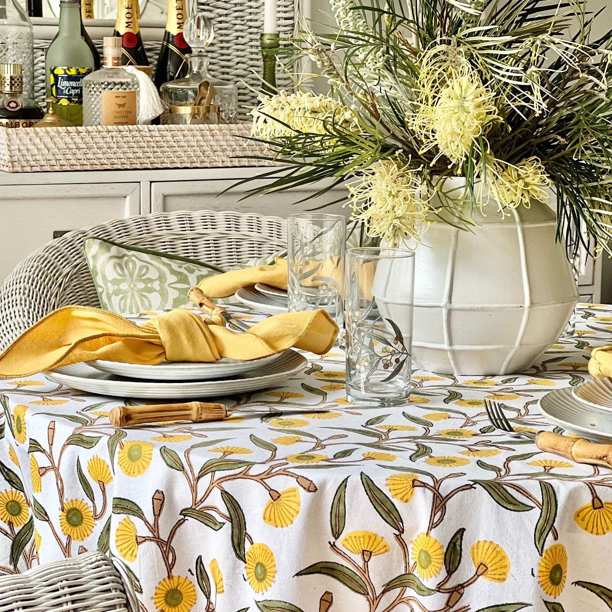 150 cm Yellow Flowering Gums hand block printed round tablecloth styled for relaxed indoor dining and everyday use.