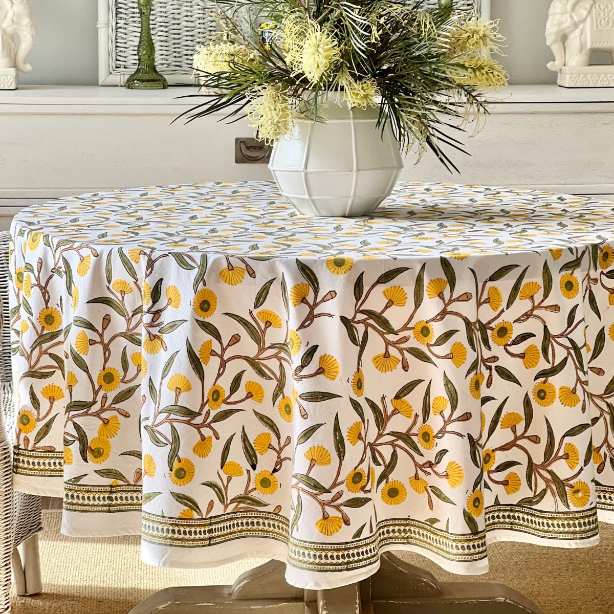 Flowering gums round tablecloth yellow ©