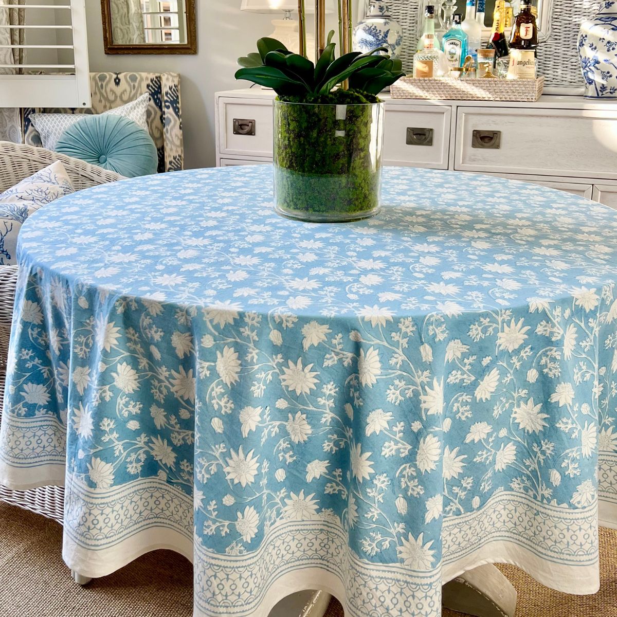 Flannel flower sky blue round tablecloth  ©