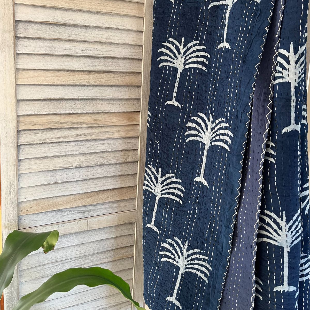 Indigo Kantha quilt/bedspread - Palm Tree-Queen