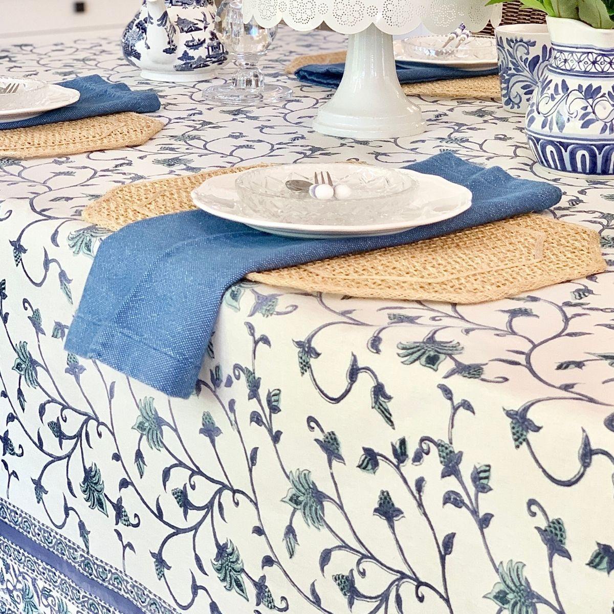 green blue round table cloth