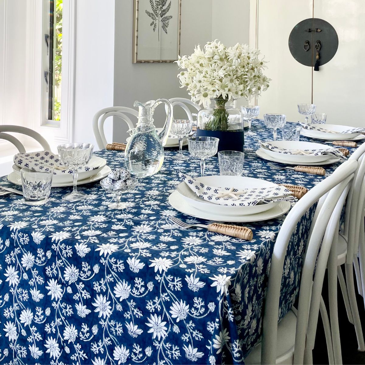 Flannel flower navy blue tablecloth ©