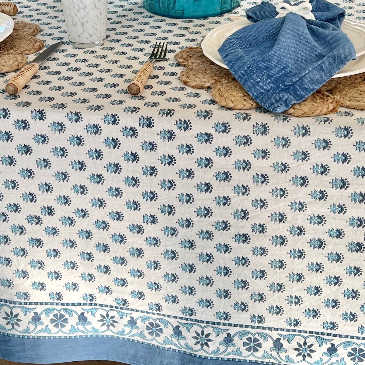 Celeste Blue and White Square Tablecloth 180cm