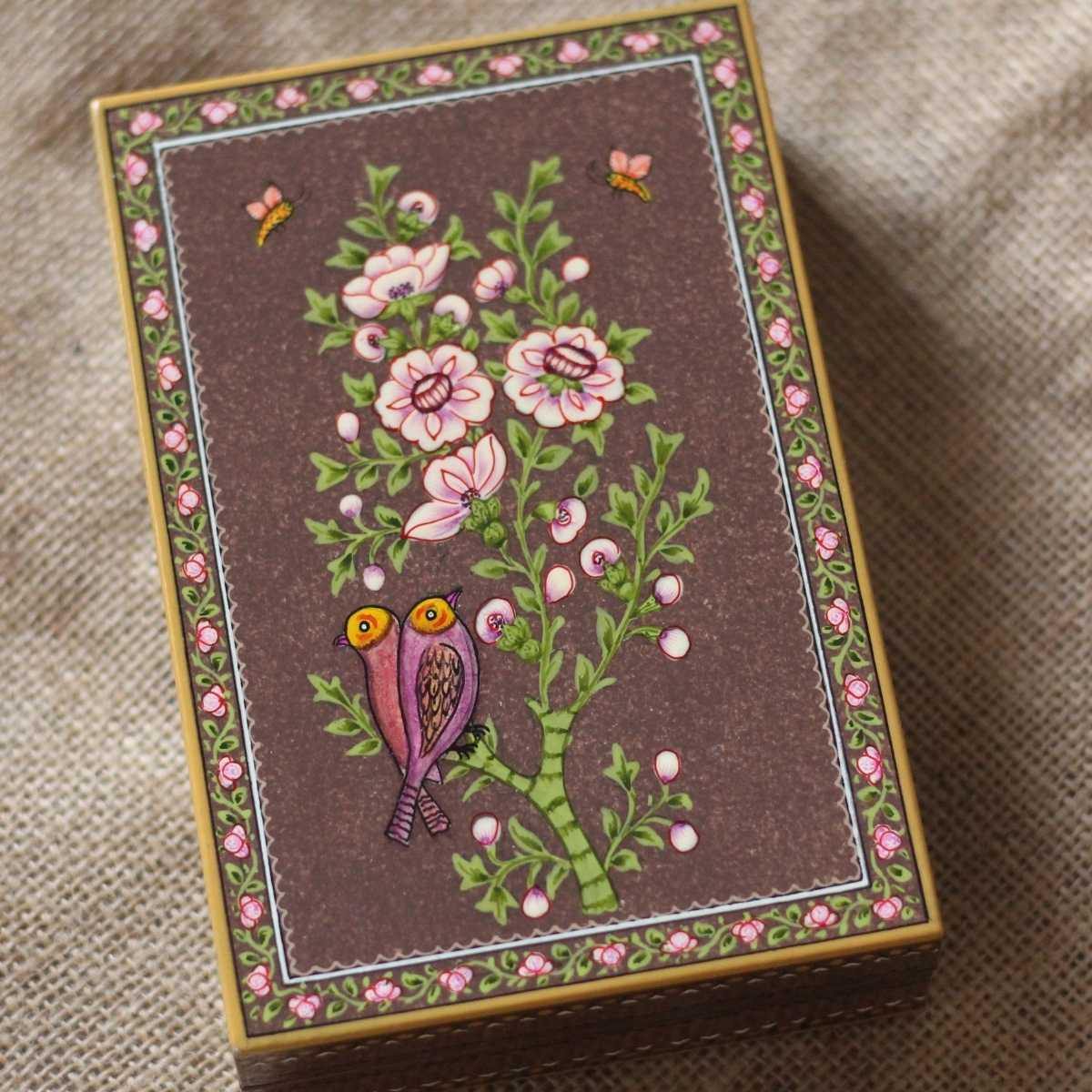 Decorative Blossom Brown timber box featuring artisan artwork and versatile storage for keepsakes, stationery, and small accessories.