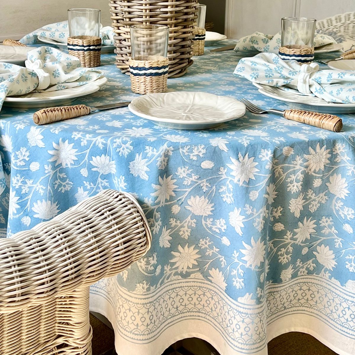 Flannel flower sky blue round tablecloth  ©