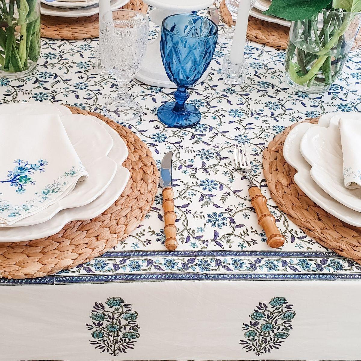 Blue and white tablecloth