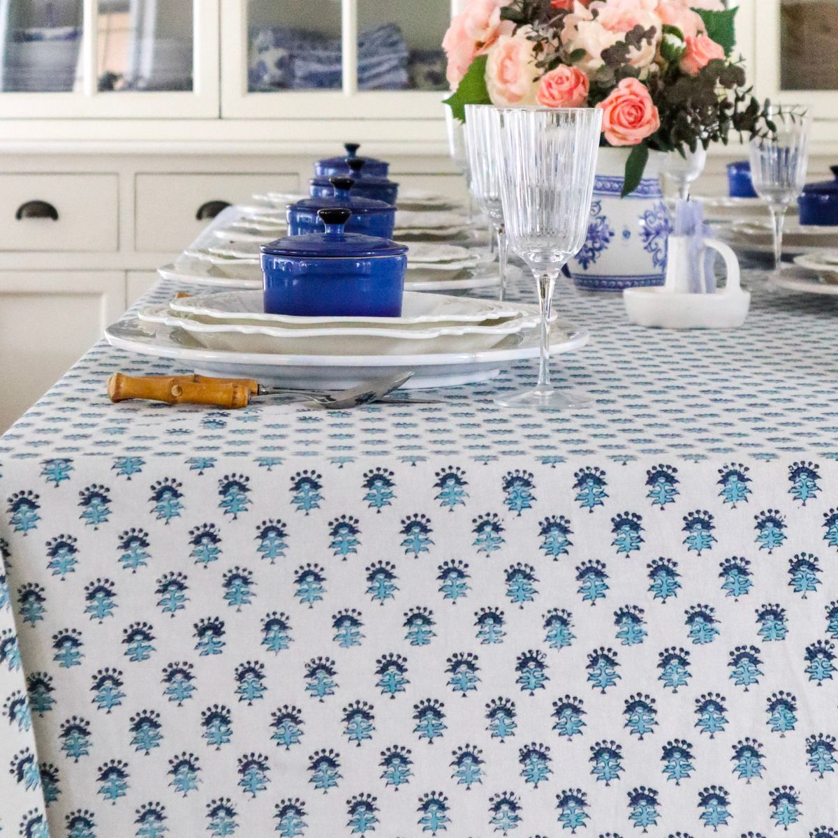 Celeste Blue and White Square Tablecloth 180cm