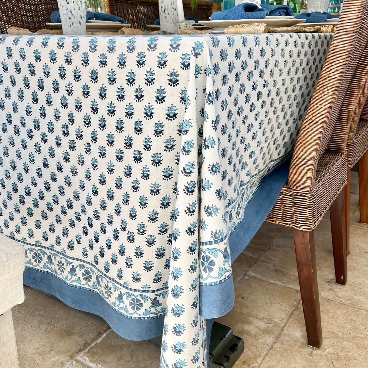 Celeste Blue and White Square Tablecloth 180cm