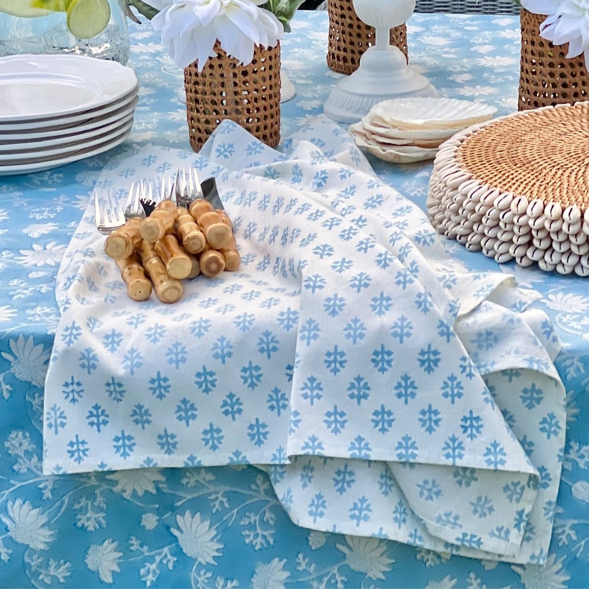 Flannel foliage table napkins-set of 4-Sky Blue ©
