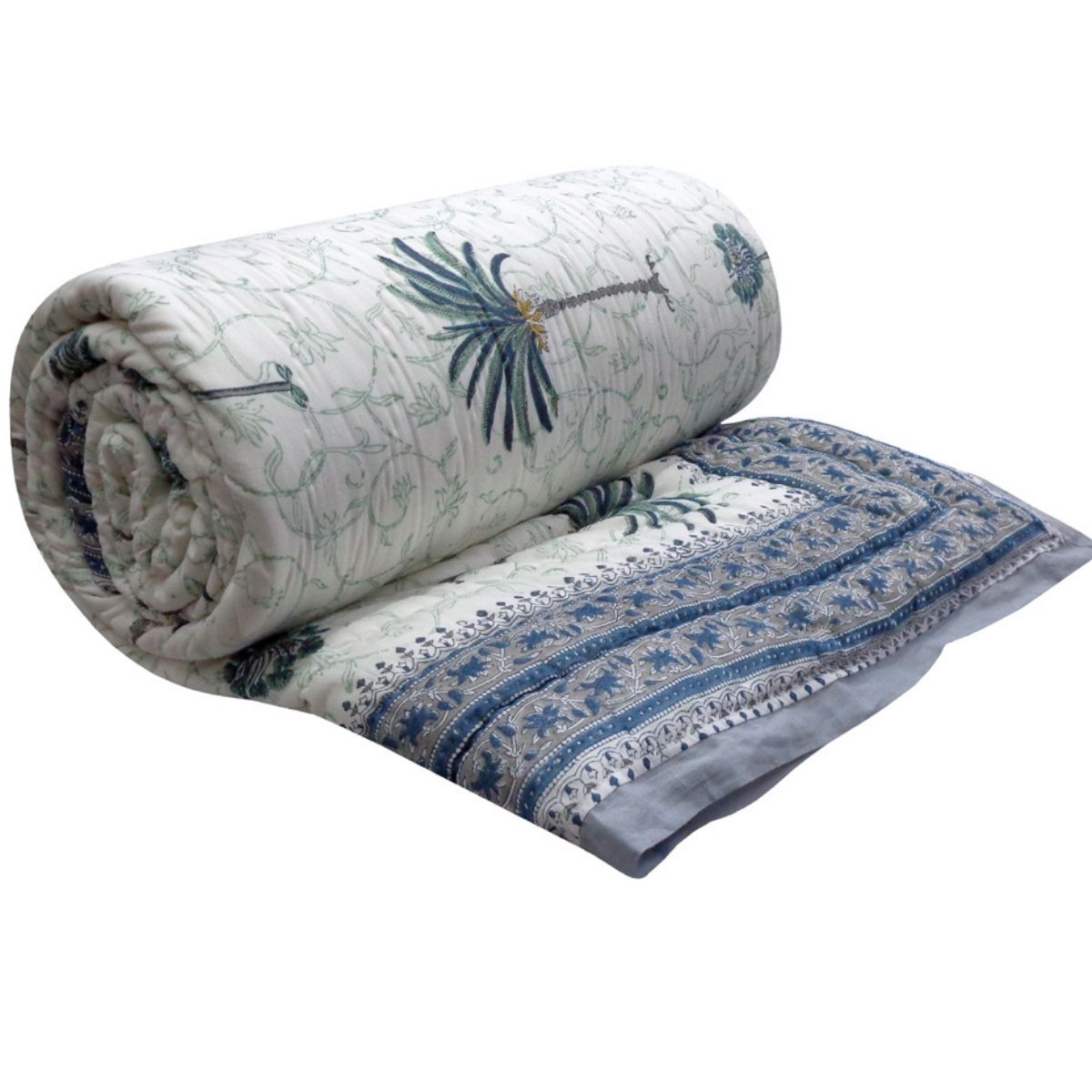 Palm Tree Blue reversible cotton quilt - Queen and King