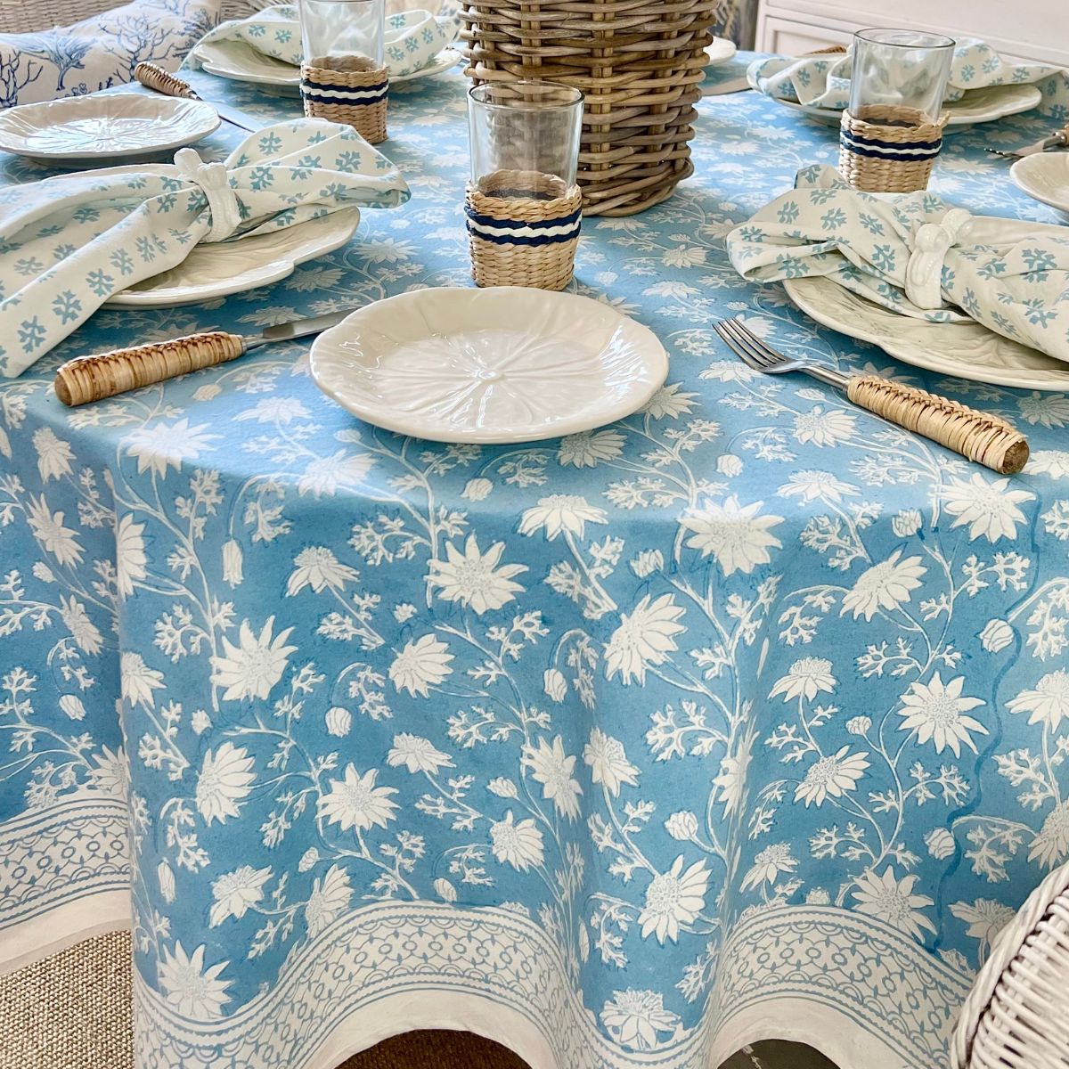 Flannel flower sky blue round tablecloth  ©