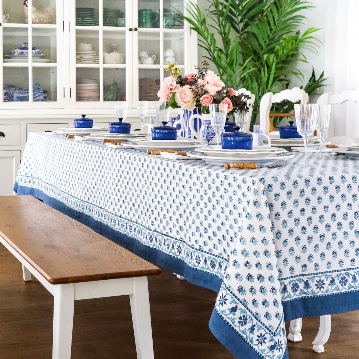 Celeste Blue and White Square Tablecloth 180cm