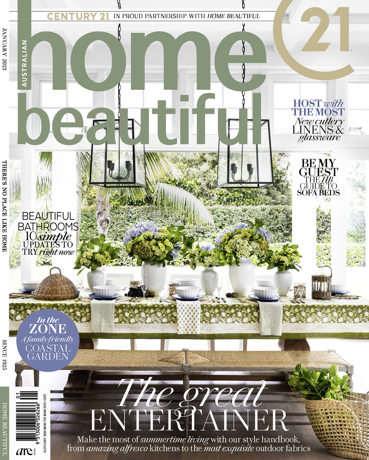 180 x 340 cm Flannel Flowers cotton tablecloth featured on cover of Home beautiful in a casual dining setting featuring layered textures, artisan craftsmanship, and timeless floral design.