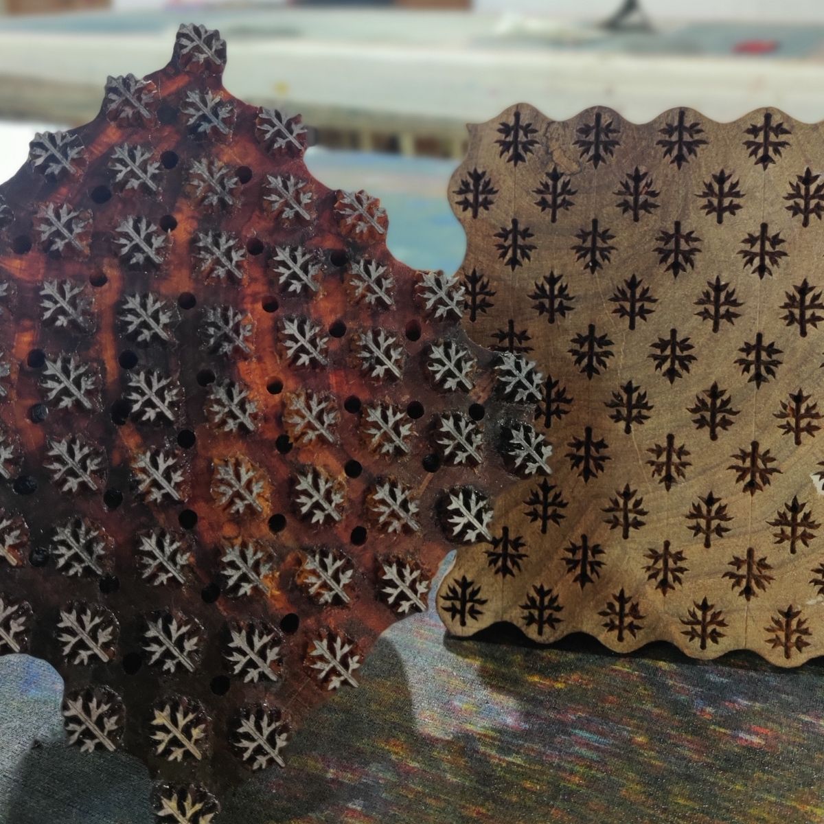 Hand-carved wooden printing block used to create the Flannel Foliage cotton napkins featuring Australian native flannel leaf motifs and artisan craftsmanship.