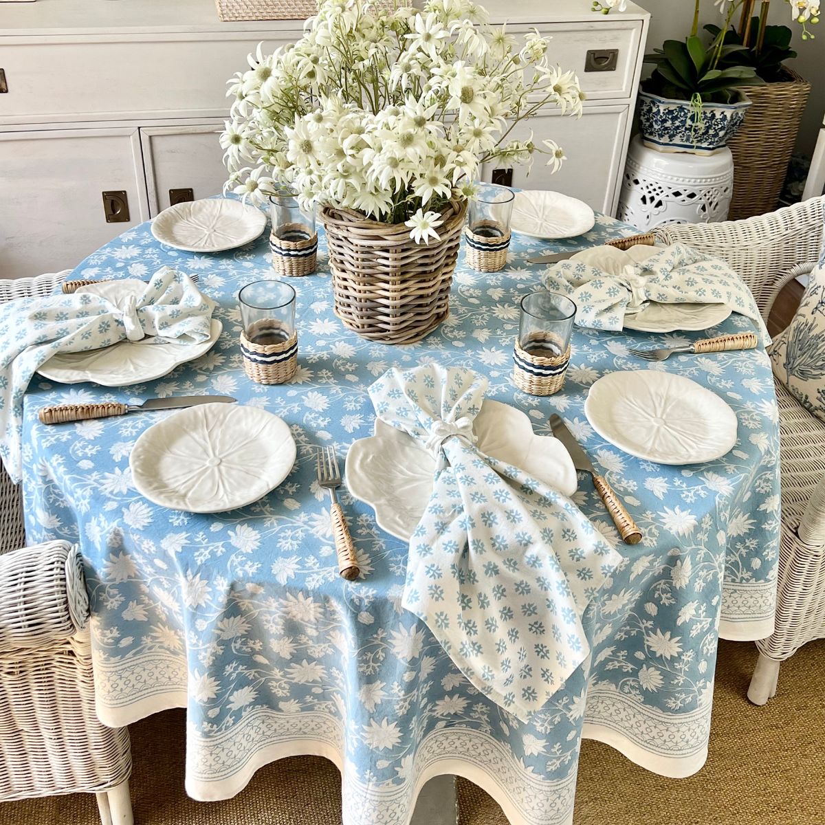 Flannel flower sky blue round tablecloth  ©