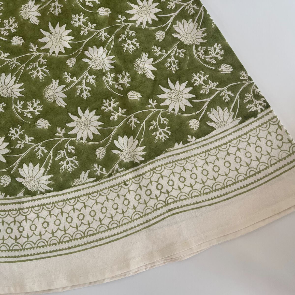 Hand block printed Australiana flannel floral pattern on round cotton table cover.