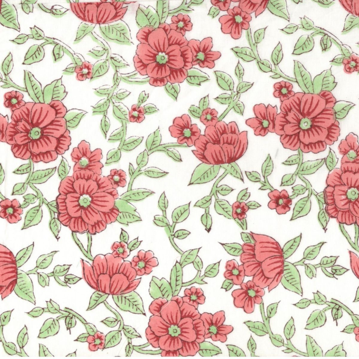 
Close-up of Florence pink and green cotton napkin showcasing intricate floral block print patterns, fine detailing, and handcrafted artisan quality.