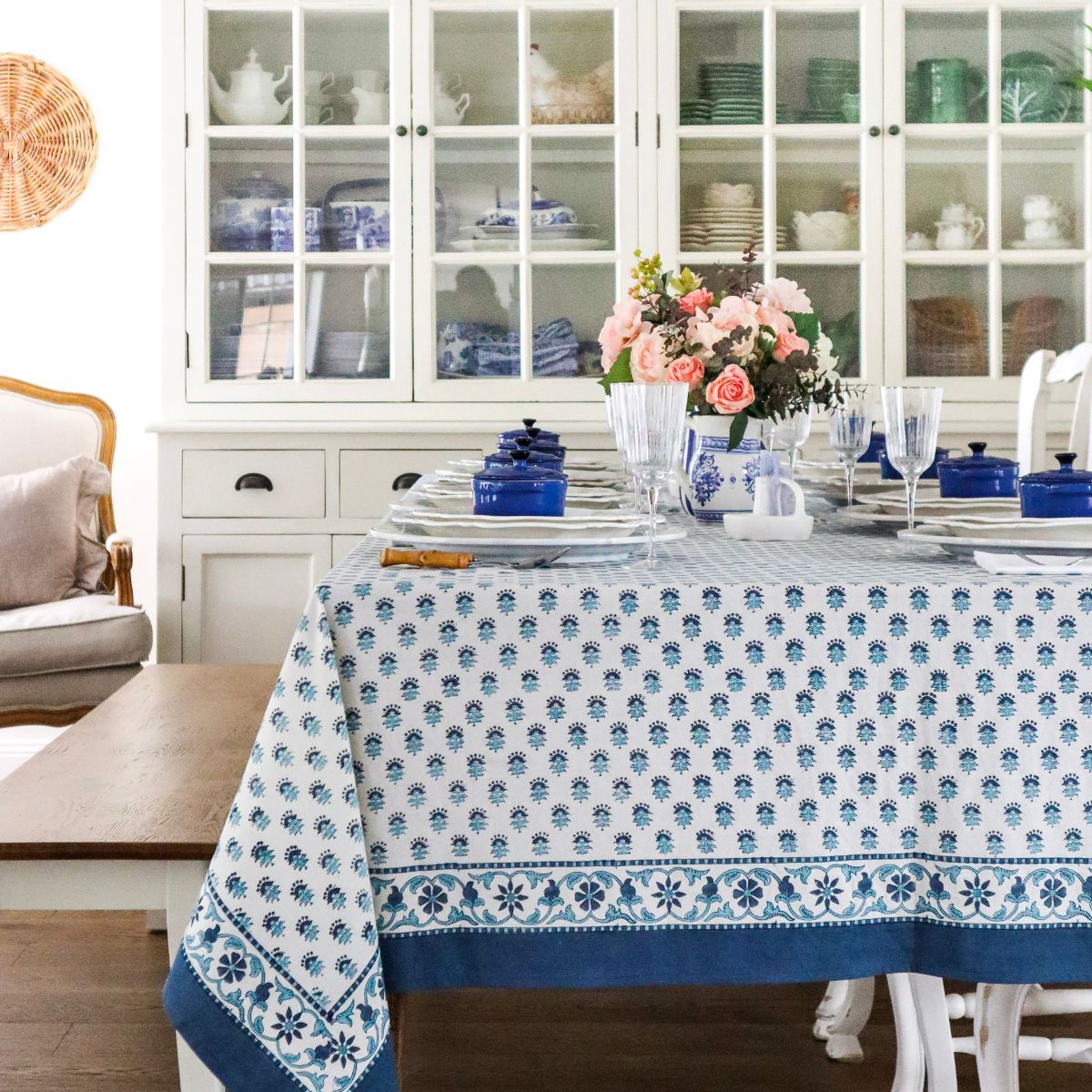 Celeste Blue and White Square Tablecloth 180cm