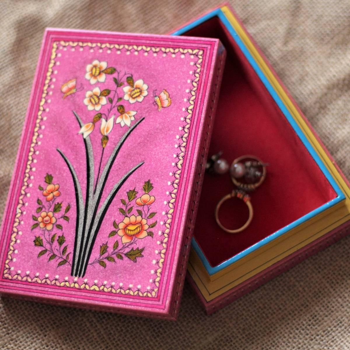 Hand-painted Hollyhock Delight pink wooden keepsake box crafted for storing jewellery, letters, photographs, and treasured mementos.