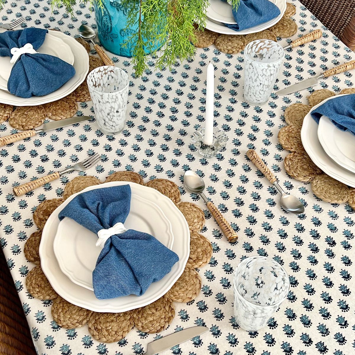 Celeste Blue and White Square Tablecloth 180cm