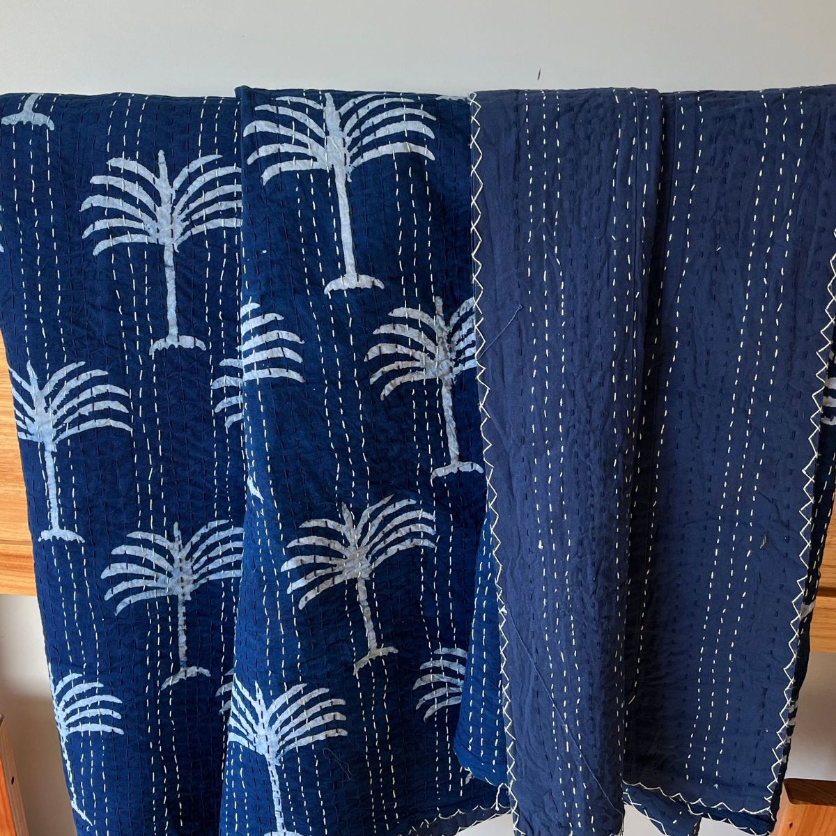 Indigo Kantha quilt/bedspread - Palm Tree-Queen