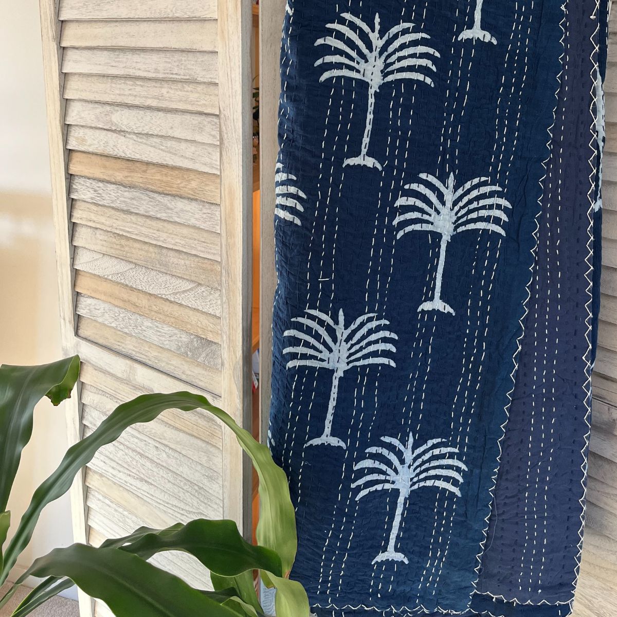 Indigo Kantha quilt/bedspread - Palm Tree-Queen
