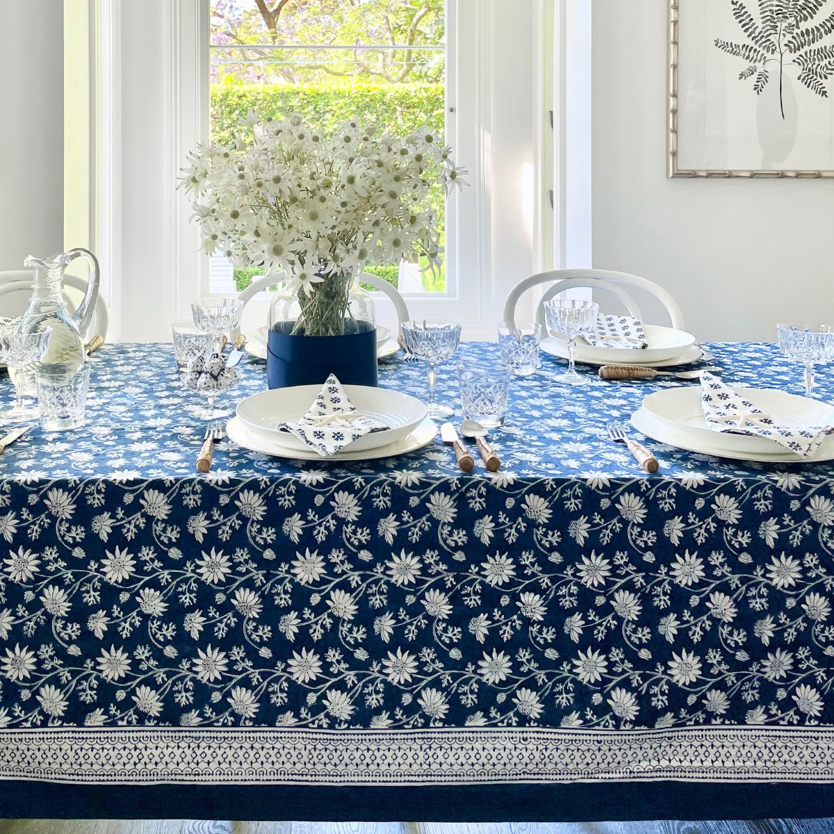 Flannel flower navy blue tablecloth ©