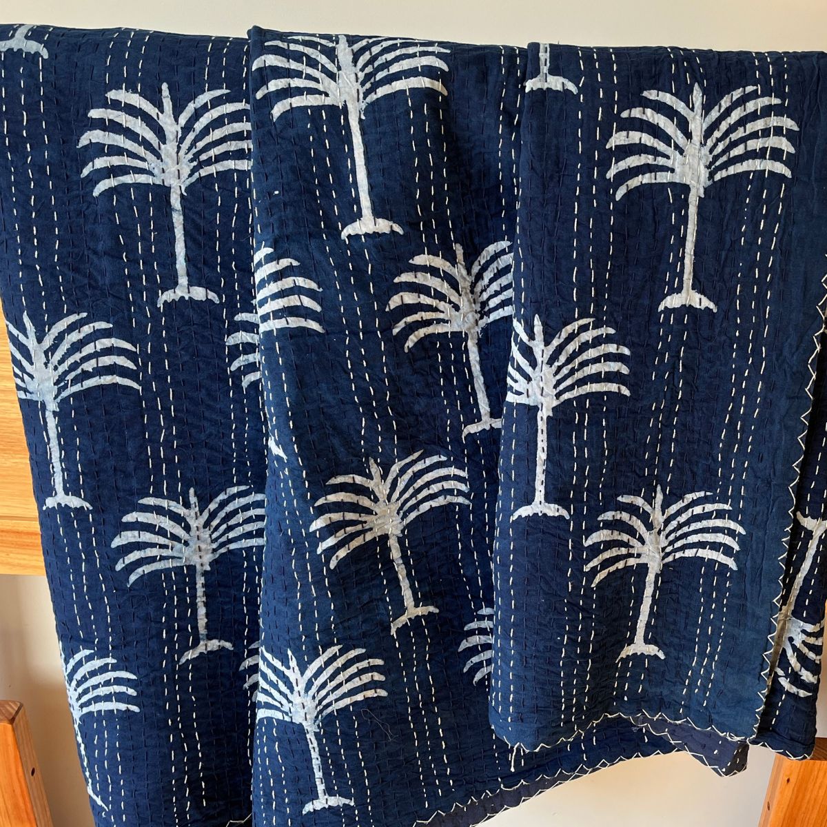 Indigo Kantha quilt/bedspread - Palm Tree-Queen