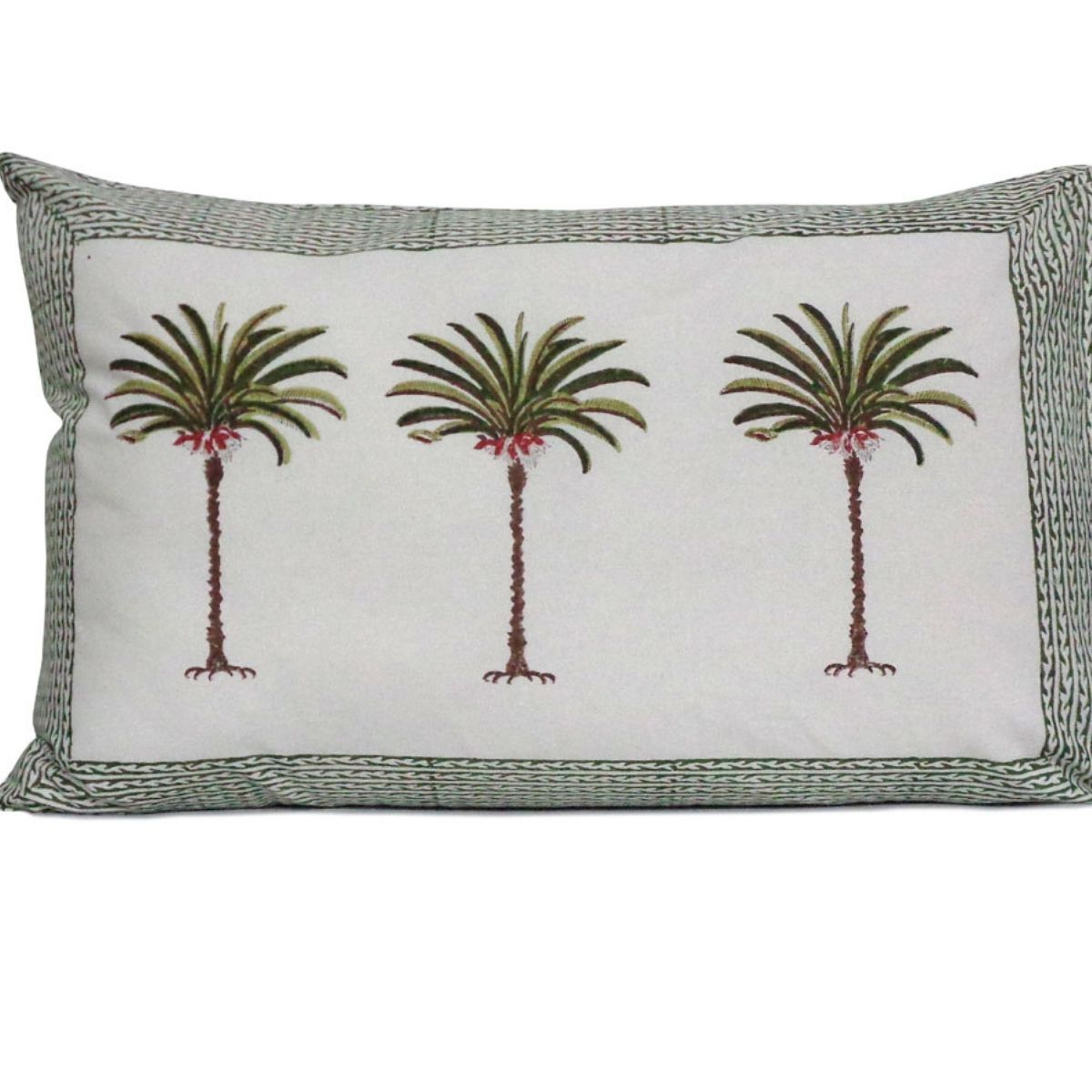 Two green palm tree cotton pillow cases with a hand block printed design.