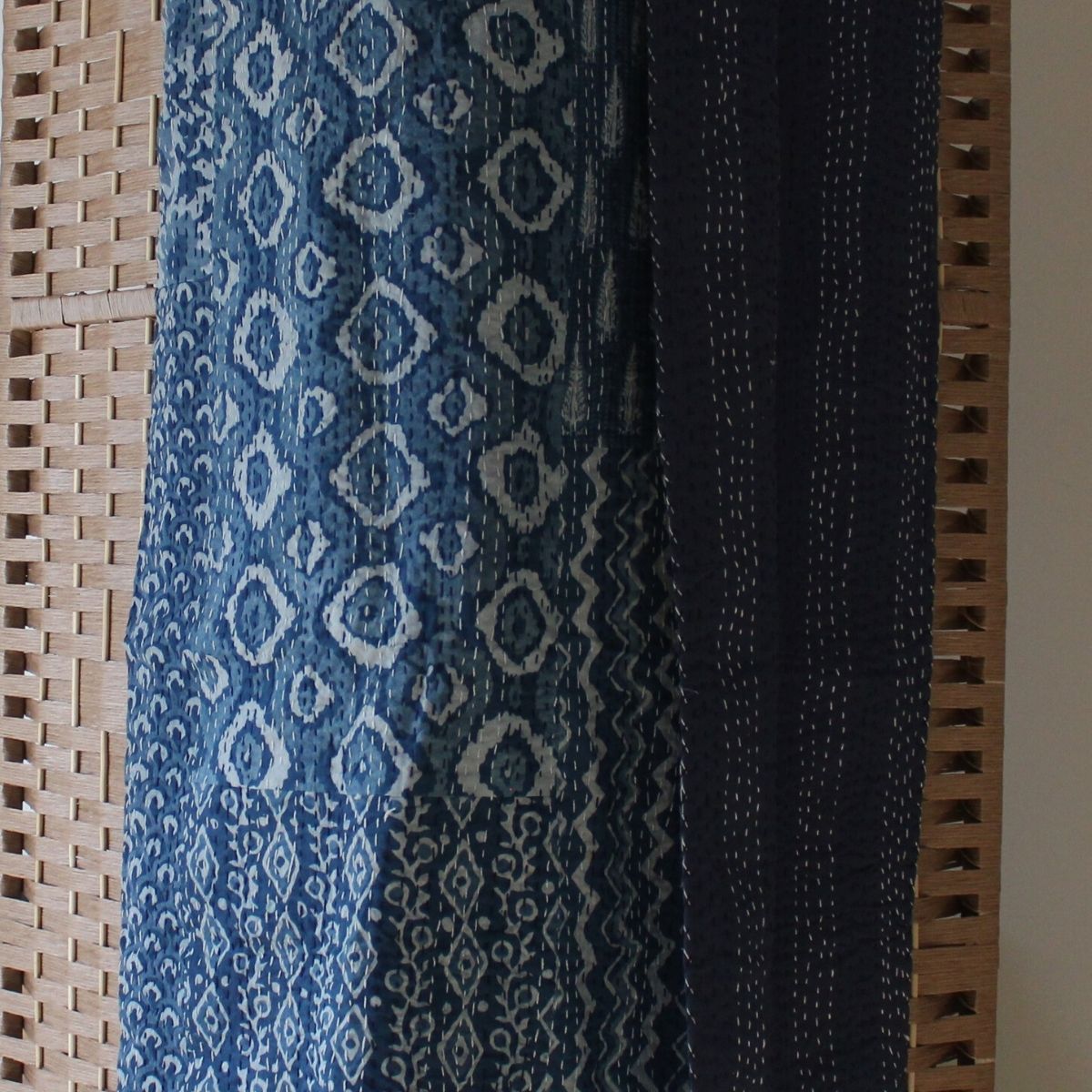 Patchwork screen printed Kantha throw - Indigo