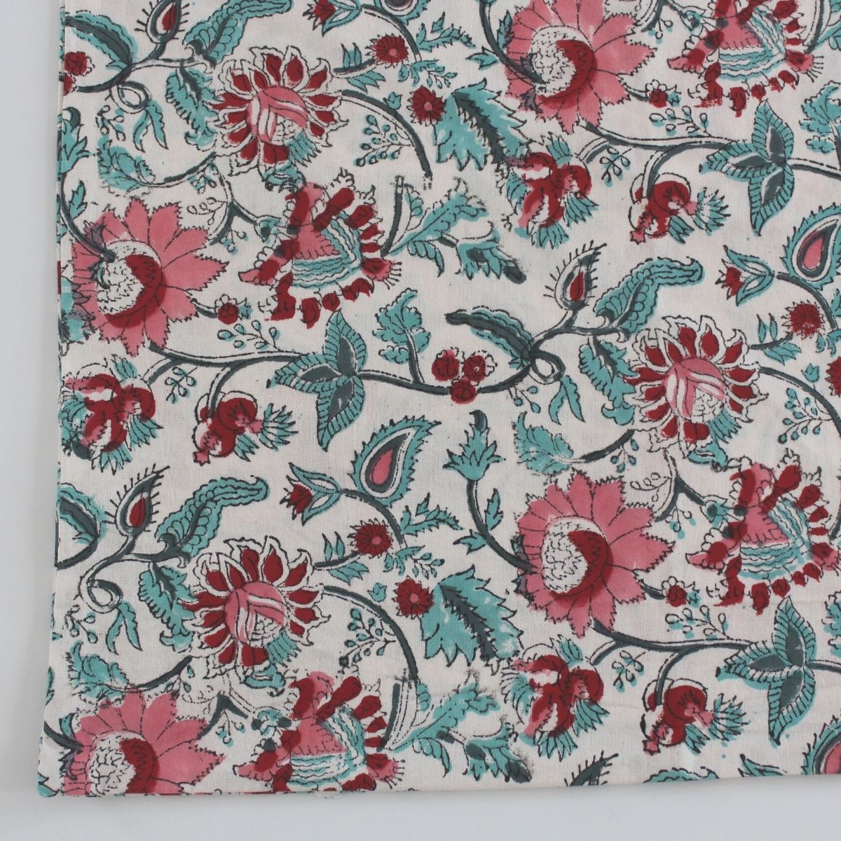 
Close-up of the Pink Blue Floral cushion cover showcasing hand block printed floral motifs, pure cotton fabric, and artisan craftsmanship.