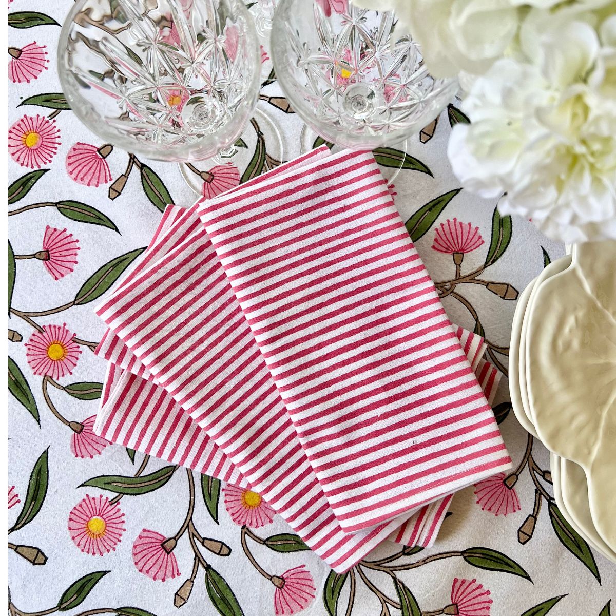 Pink striped hand block printed napkin set of 4 made of pure cotton