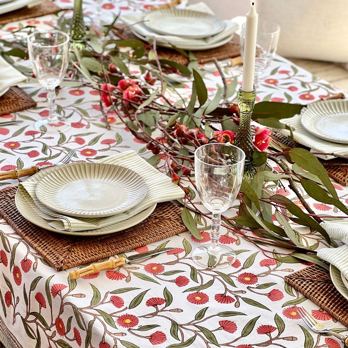 220 cm Red Flowering Gums square cotton tablecloth creating an elegant Christmas dining setting for family celebrations and holiday entertaining.