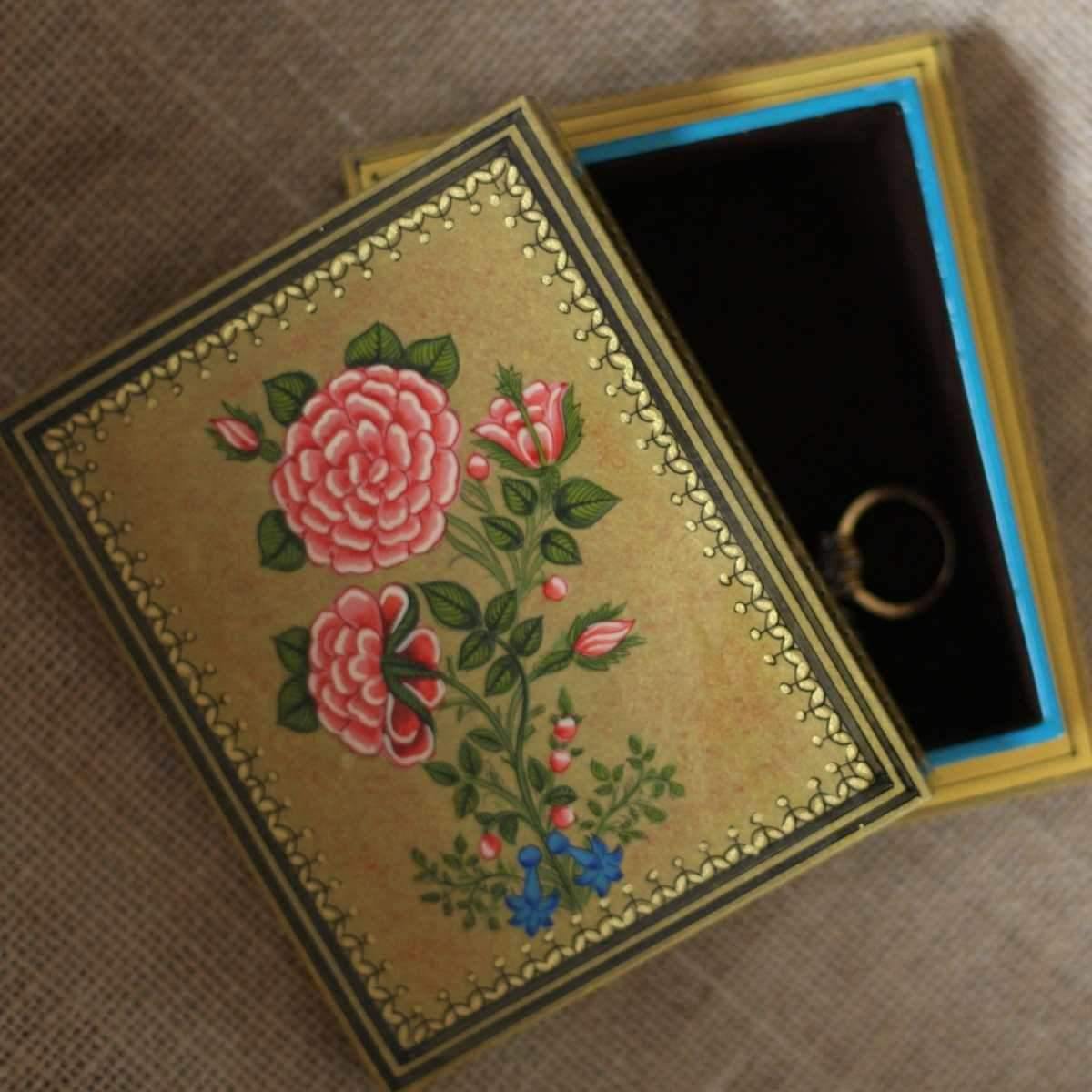 Hand-painted Rose wooden keepsake box featuring intricate floral artwork and practical storage for jewellery, photos, and treasured mementos.