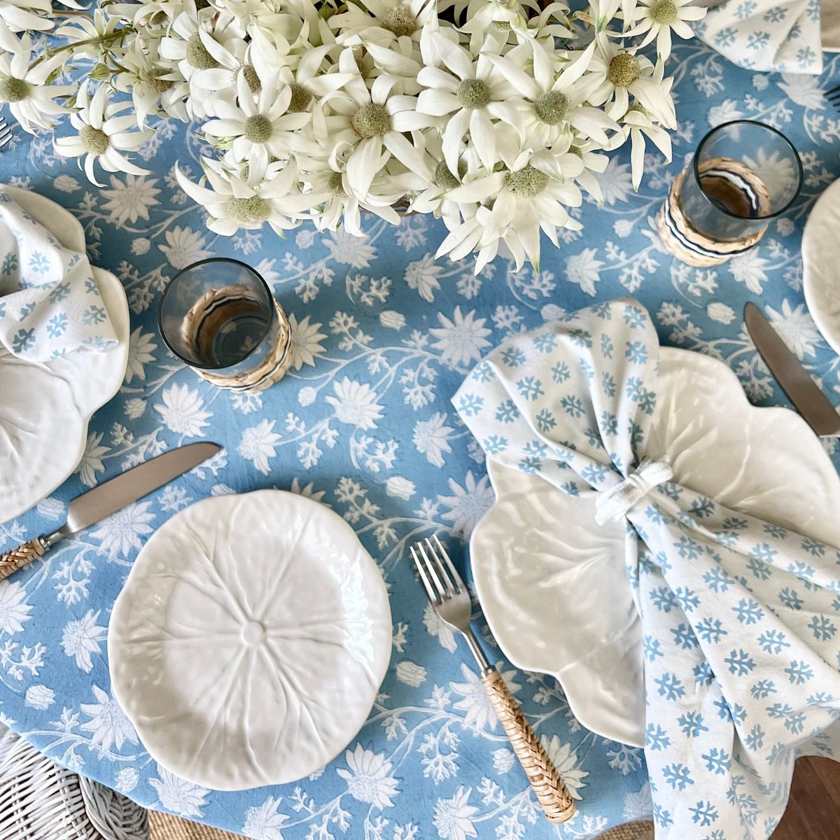 Flannel flower sky blue round tablecloth  ©